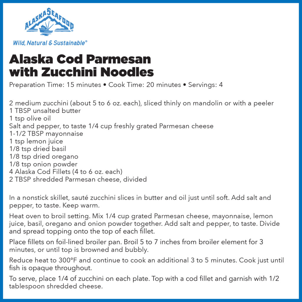 Alaska Cod Parmesan with Zucchini Noodles Reicpe Card